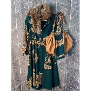 Vintage Emerald Gold Chiffon Midi Dress‎ Sz S/M
